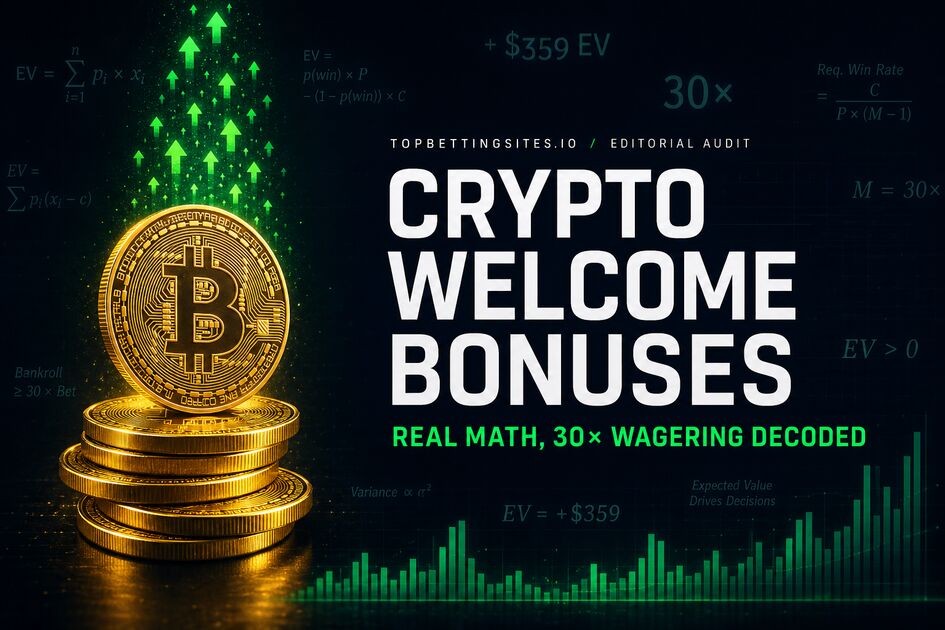 Crypto welcome bonus expected-value math illustration — stacked Bitcoin coins with EV equations and 30x wagering symbol