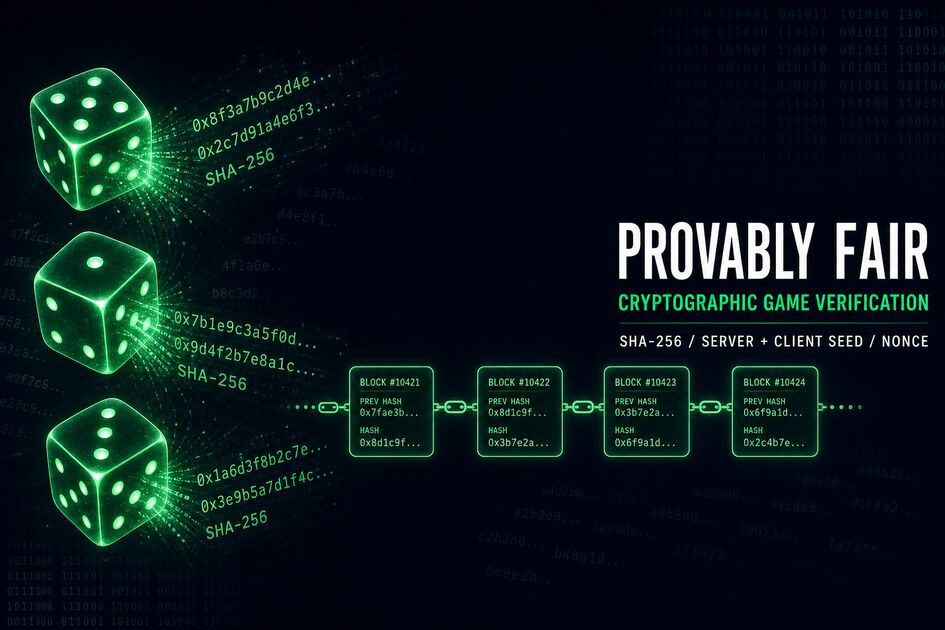 Provably fair casino game cryptographic verification diagram — three green dice with SHA-256 hash strings and blockchain block links